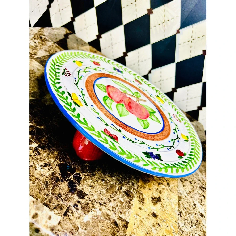 Apple Footed Pedestal‎ Plate Portuguese Hand Painted Fruit Ceramic Cake Stand